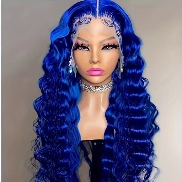 Vivid Blue 28" Deep Wave Lace Front Wig HD Transparent Glueless 180% - Picture 4 of 8